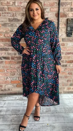 CurveWow Dip Hem Frill Neck Dress Multi Animal