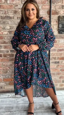 CurveWow Dip Hem Frill Neck Dress Multi Animal