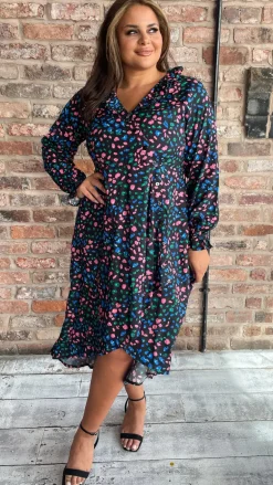 CurveWow Dip Hem Frill Neck Dress Multi Animal