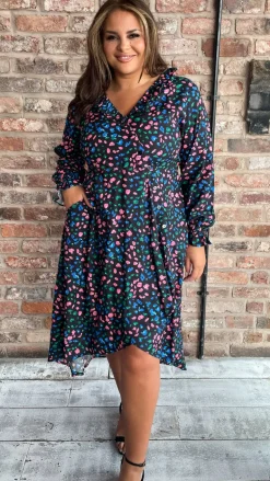 CurveWow Dip Hem Frill Neck Dress Multi Animal