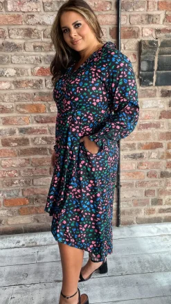 CurveWow Dip Hem Frill Neck Dress Multi Animal