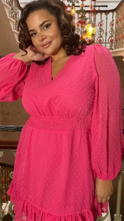 CurveWow Dobby Mesh Tiered Hem Skater Dress Pink