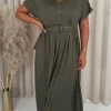 CurveWow Drop Shoulder Mock Placket Collar Midi Dress Khaki