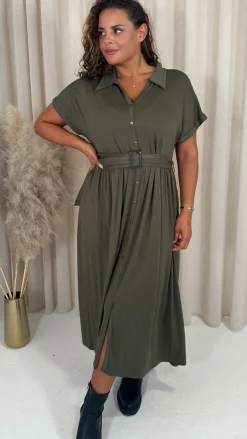 CurveWow Drop Shoulder Mock Placket Collar Midi Dress Khaki