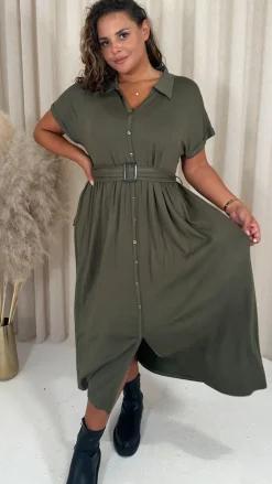 CurveWow Drop Shoulder Mock Placket Collar Midi Dress Khaki