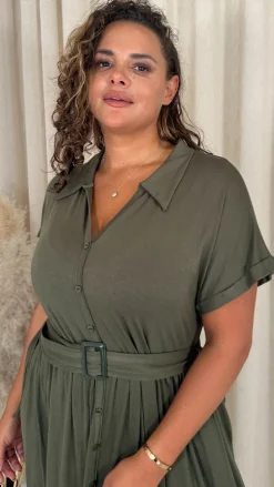 CurveWow Drop Shoulder Mock Placket Collar Midi Dress Khaki