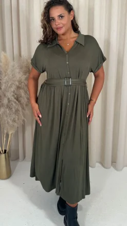 CurveWow Drop Shoulder Mock Placket Collar Midi Dress Khaki