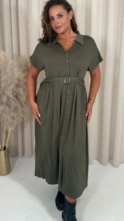 CurveWow Drop Shoulder Mock Placket Collar Midi Dress Khaki