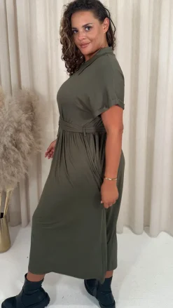 CurveWow Drop Shoulder Mock Placket Collar Midi Dress Khaki