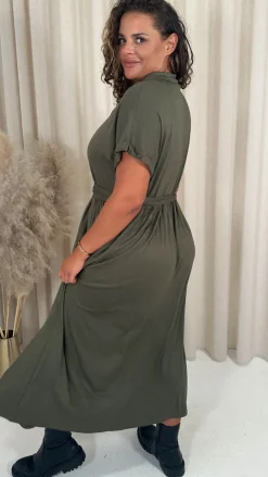 CurveWow Drop Shoulder Mock Placket Collar Midi Dress Khaki