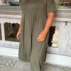 CurveWow Drop Shoulder Shaped Waist Midi Dress Khaki