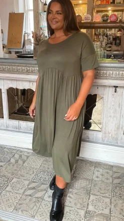 CurveWow Drop Shoulder Shaped Waist Midi Dress Khaki