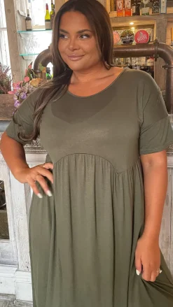 CurveWow Drop Shoulder Shaped Waist Midi Dress Khaki