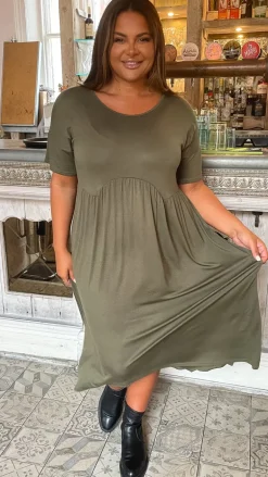 CurveWow Drop Shoulder Shaped Waist Midi Dress Khaki
