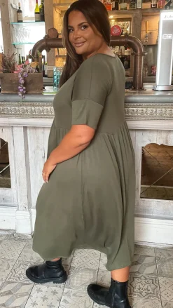 CurveWow Drop Shoulder Shaped Waist Midi Dress Khaki