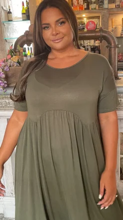 CurveWow Drop Shoulder Shaped Waist Midi Dress Khaki