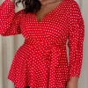 CurveWow Drop Shoulder Tie Waist Peplum Top Red Polka Dot