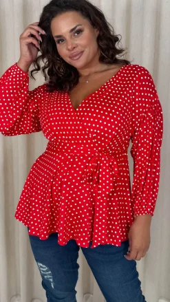 CurveWow Drop Shoulder Tie Waist Peplum Top Red Polka Dot