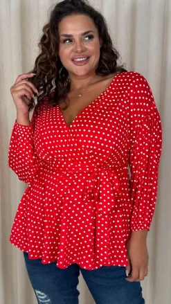 CurveWow Drop Shoulder Tie Waist Peplum Top Red Polka Dot