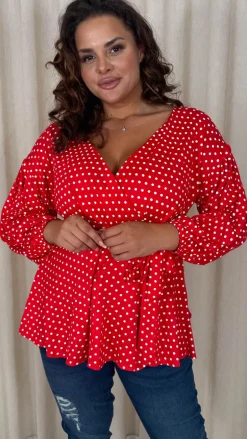 CurveWow Drop Shoulder Tie Waist Peplum Top Red Polka Dot