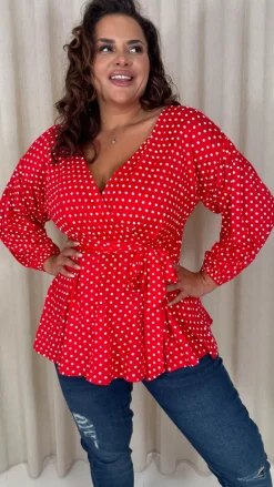 CurveWow Drop Shoulder Tie Waist Peplum Top Red Polka Dot