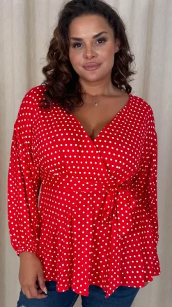CurveWow Drop Shoulder Tie Waist Peplum Top Red Polka Dot