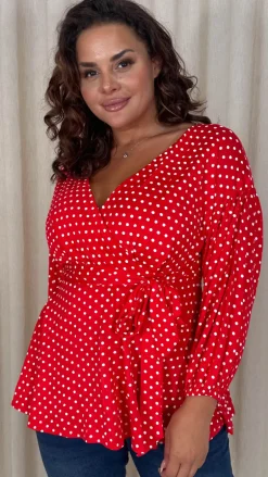 CurveWow Drop Shoulder Tie Waist Peplum Top Red Polka Dot