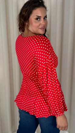 CurveWow Drop Shoulder Tie Waist Peplum Top Red Polka Dot