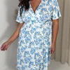 CurveWow Drop Shoulder Wrap Channel Waist Dress Blue Floral
