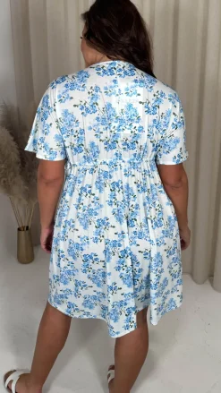 CurveWow Drop Shoulder Wrap Channel Waist Dress Blue Floral