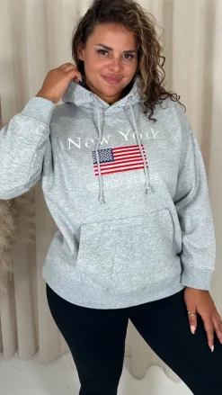 CurveWow Embroidered Flag Slogan Hoodie Grey
