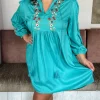 Curvewow Embroidered Tassel Tie Smock Dress Light Blue