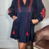 Curvewow Embroidered Tassel Tie Smock Dress Navy