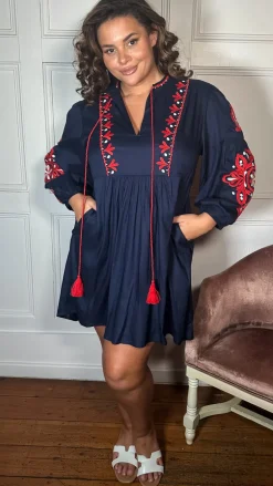 Curvewow Embroidered Tassel Tie Smock Dress Navy