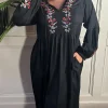 Curvewow Embroidered Tassel Tie Midi Dress Black