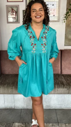 Curvewow Embroidered Tassel Tie Smock Dress Light Blue