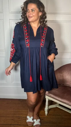 Curvewow Embroidered Tassel Tie Smock Dress Navy