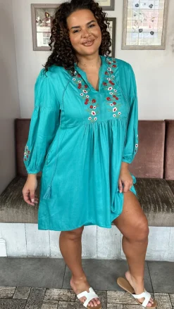 Curvewow Embroidered Tassel Tie Smock Dress Light Blue