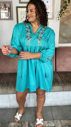 Curvewow Embroidered Tassel Tie Smock Dress Light Blue