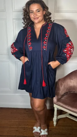 Curvewow Embroidered Tassel Tie Smock Dress Navy