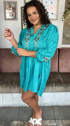 Curvewow Embroidered Tassel Tie Smock Dress Light Blue