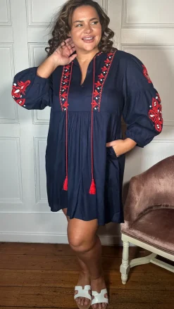 Curvewow Embroidered Tassel Tie Smock Dress Navy
