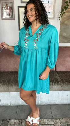 Curvewow Embroidered Tassel Tie Smock Dress Light Blue