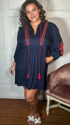 Curvewow Embroidered Tassel Tie Smock Dress Navy