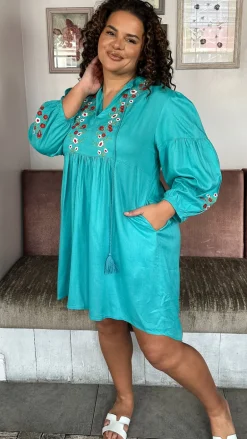 Curvewow Embroidered Tassel Tie Smock Dress Light Blue