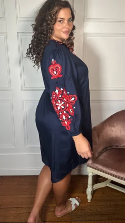 Curvewow Embroidered Tassel Tie Smock Dress Navy