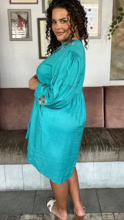 Curvewow Embroidered Tassel Tie Smock Dress Light Blue