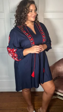 Curvewow Embroidered Tassel Tie Smock Dress Navy