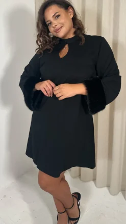 CurveWow Faux Fur Cuff Keyhole Shift Dress Black
