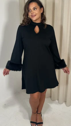 CurveWow Faux Fur Cuff Keyhole Shift Dress Black